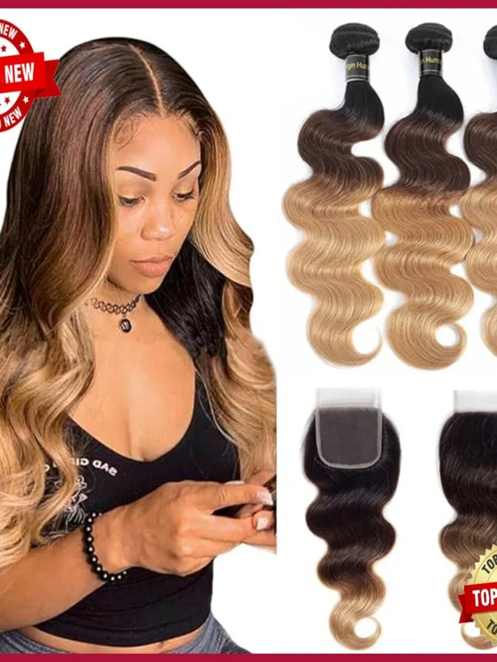20 Inch Human Hair Extensions with Lace Closure, Body Wave, 3 Bundles